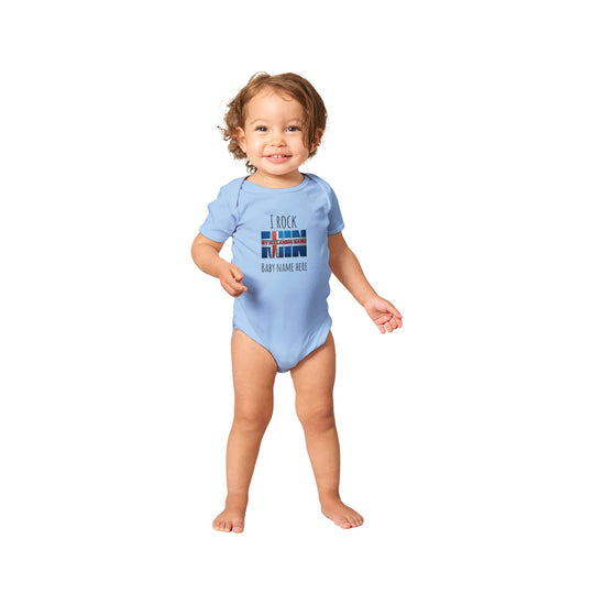 Custom baby onesie with I Rock slogan and Icelandic name in baby blue 0b3d3f2d-7e79-423d-b7df-d154bf9e0b15