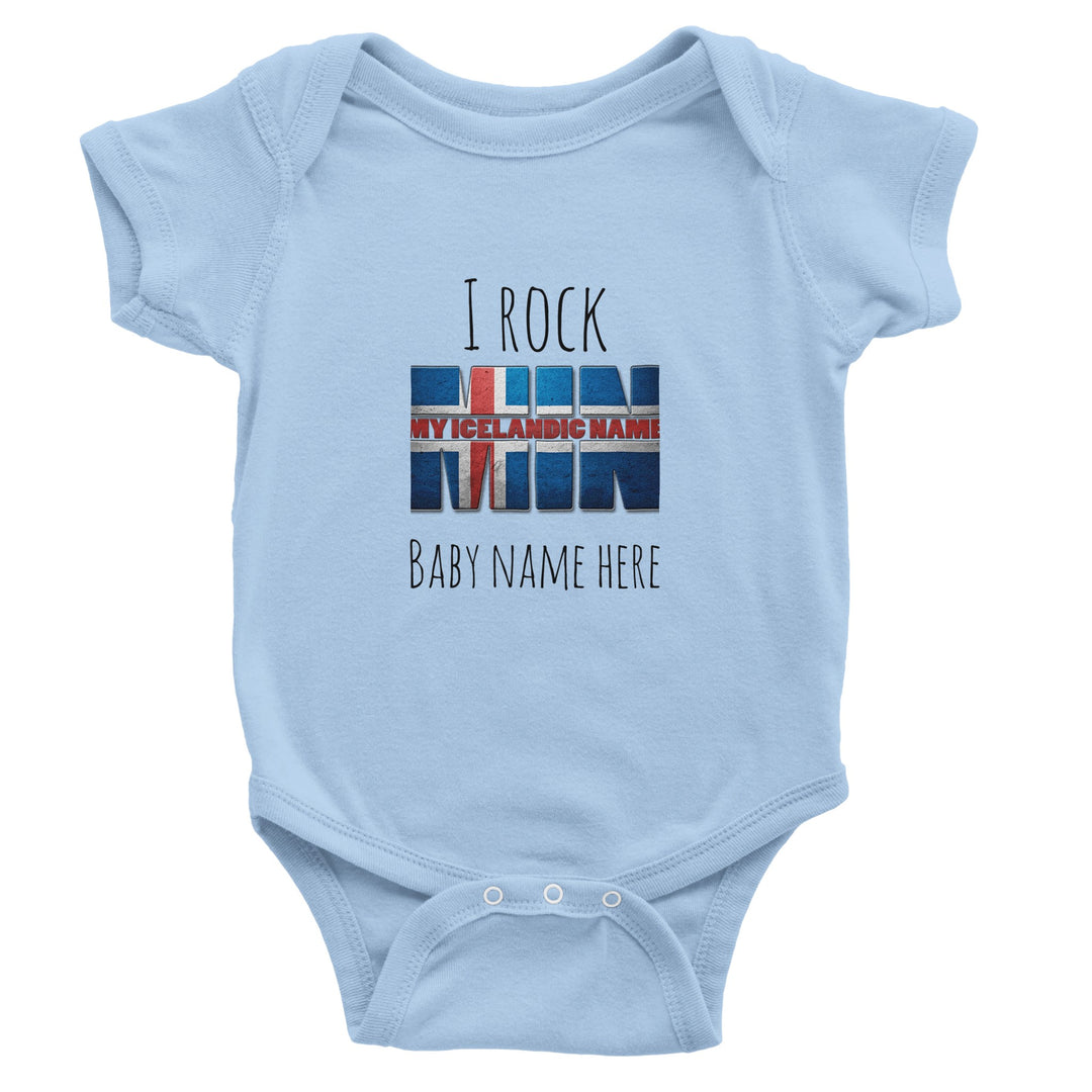 Custom baby onesie with I Rock slogan and Icelandic name in baby blue for newborn 12b7b73c-f0fb-4c9a-bb3b-4c4c692e0ef7