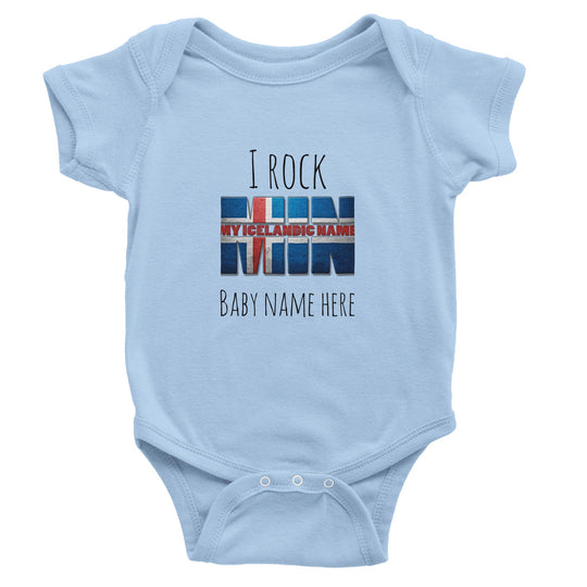 Custom baby onesie with I Rock slogan and Icelandic name in baby blue for newborn 12b7b73c-f0fb-4c9a-bb3b-4c4c692e0ef7
