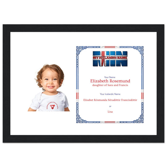 A black wooden picture frame with a personalized matte print displaying an Icelandic name and nickname, perfect for celebrating cultural heritage.