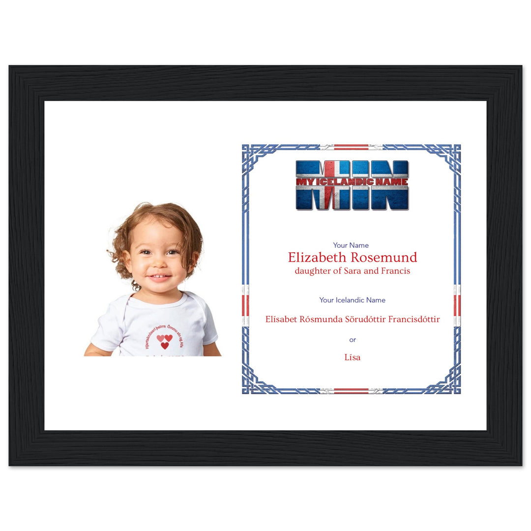 A black wooden picture frame with a personalized matte print displaying an Icelandic name and nickname, perfect for celebrating cultural heritage.