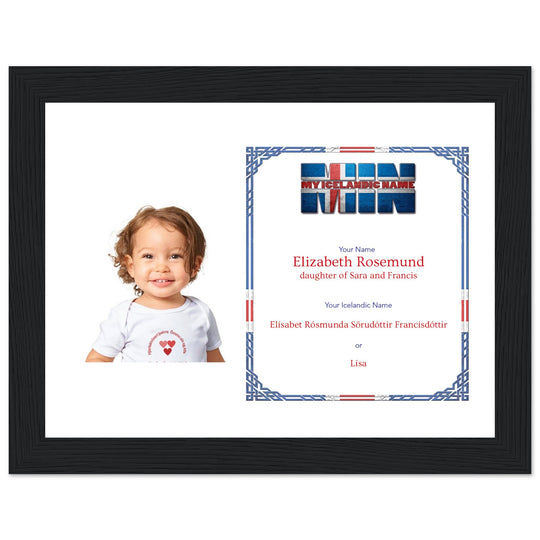 A black wooden picture frame with a personalized matte print displaying an Icelandic name and nickname, perfect for celebrating cultural heritage.