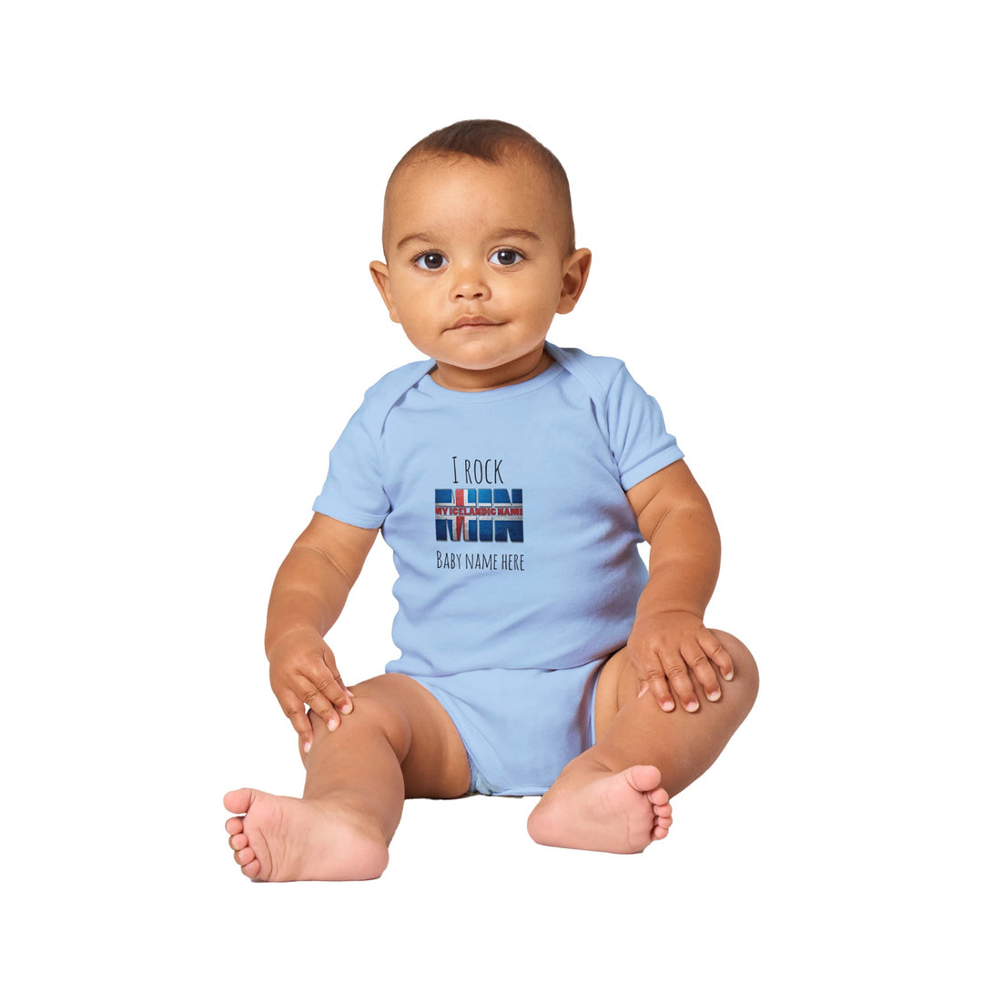 Custom baby onesie with I Rock slogan and Icelandic name in baby blue b19ec3c6-b133-4d07-8d9c-2a4358789d4c