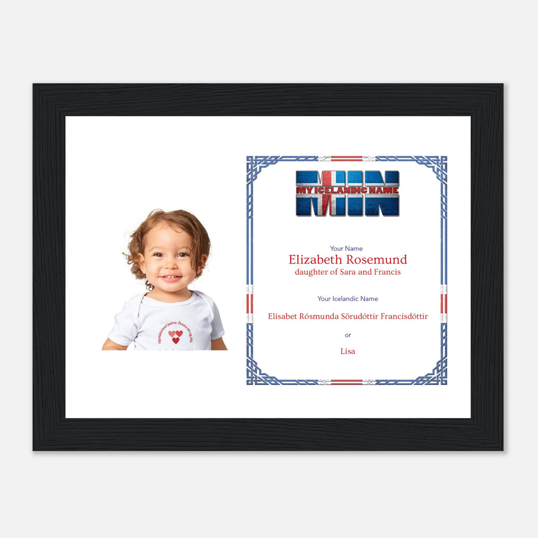 A black wooden picture frame with a personalized matte print displaying an Icelandic name and nickname, perfect for celebrating cultural heritage.