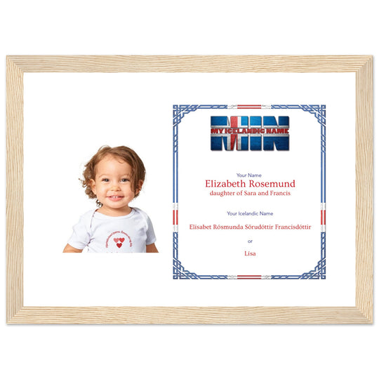 A wooden picture frame with a personalized matte print displaying an Icelandic name and nickname, perfect for celebrating cultural heritage.