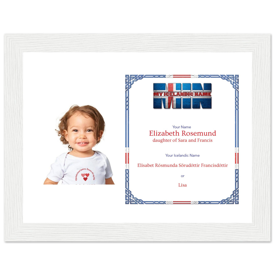 A white wooden picture frame with a personalized matte print displaying an Icelandic name and nickname, perfect for celebrating cultural heritage.