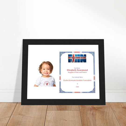 A black wooden picture frame with a personalized matte print displaying an Icelandic name and nickname, perfect for celebrating cultural heritage.