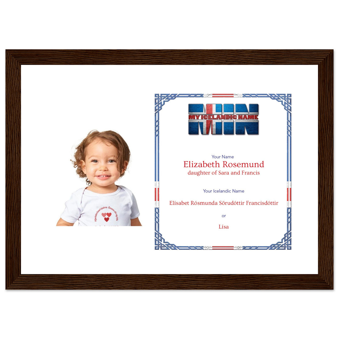 A dark wooden picture frame with a personalized matte print displaying an Icelandic name and nickname, perfect for celebrating cultural heritage.
