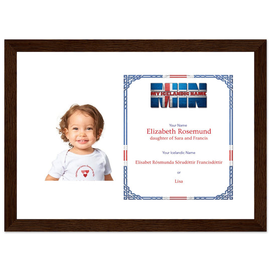 A dark wooden picture frame with a personalized matte print displaying an Icelandic name and nickname, perfect for celebrating cultural heritage.