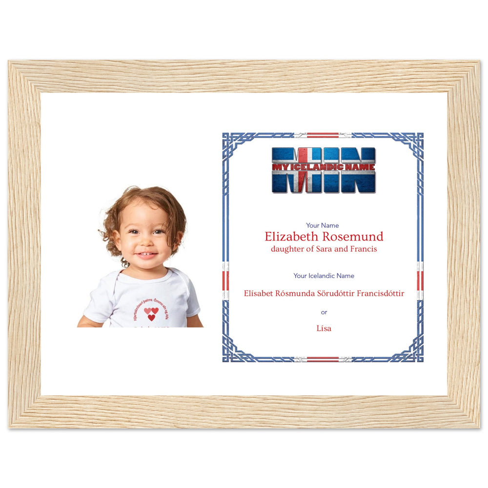 A wooden picture frame with a personalized matte print displaying an Icelandic name and nickname, perfect for celebrating cultural heritage.