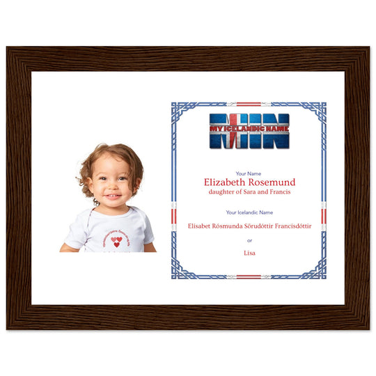 A dark wooden picture frame with a personalized matte print displaying an Icelandic name and nickname, perfect for celebrating cultural heritage.